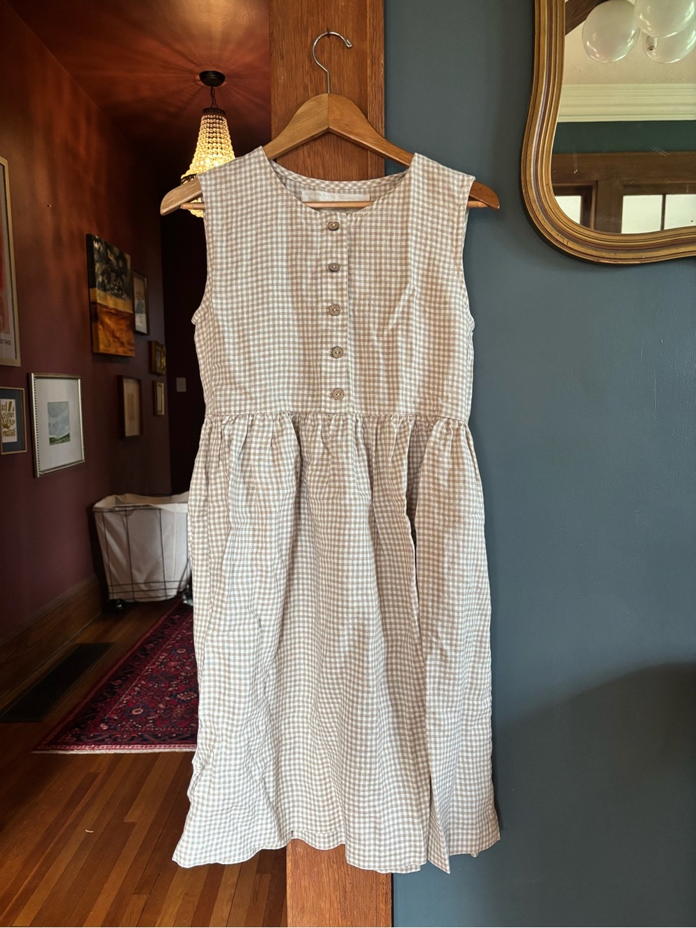notPERFECTLINEN Beige and White Gingham Sleeveless Midi Dress